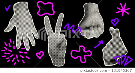 Abstract halftone art with hands. Pop vector illustration with dotted texture and retro raster effect. Minimal black and white layout for modern graphic design and surreal collage composition Abstract halftone art with hands. Pop vector illustration with dotted texture and retro raster effect. Minimal black and white layout for modern graphic design and surreal collage composition 131945367