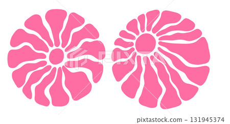 Abstract retro sunburst pattern with wavy rays and circular forms. Funky summer vector background, vintage sunshine design in warm yellow tones, 70s psychedelic texture. 131945374