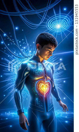 Futuristic human heart digital integration and data flow. A young guy in a sleek, futuristic suit stands against a backdrop of glowing blue digital elements. Futuristic human heart digital integration and data flow. A young guy in a sleek, futuristic suit stands against a backdrop of glowing blue digital elements. 131945553