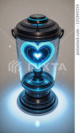 A glowing heart inside a futuristic lamp. Futuristic lamp featuring a central cylindrical glass enclosure with a glowing blue heart. 131945554