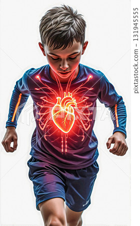 Boy running with glowing heart cardiovascular health illustration. Young boy in a blue athletic outfit running, with a glowing anatomical illustration of a heart on his chest. Boy running with glowing heart cardiovascular health illustration. Young boy in a blue athletic outfit running, with a glowing anatomical illustration of a heart on his chest. 131945555