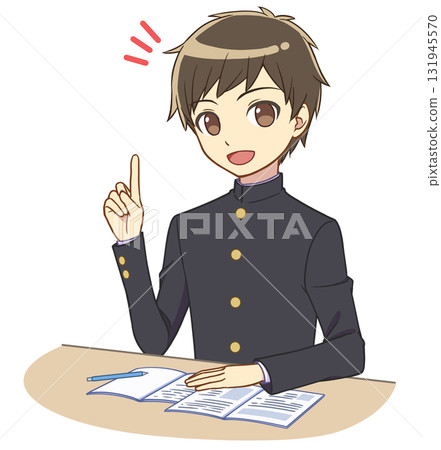 一個穿著校服的男孩在學習和指點 131945570