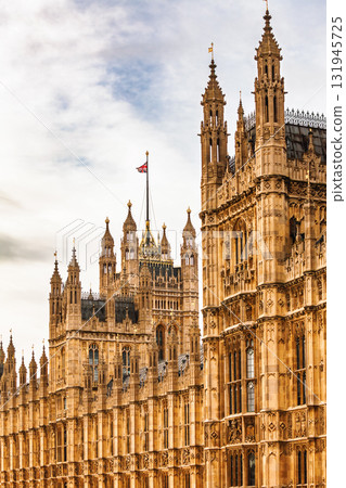Detailed view of ornate Gothic architecture of the Palace of Westminster in London Detailed view of ornate Gothic architecture of the Palace of Westminster in London 131945725