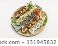 sushi mixed plate moriawase meal on plate in japanese restaurant 131945832
