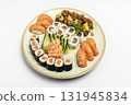 sushi mixed plate moriawase meal on plate in japanese restaurant 131945834
