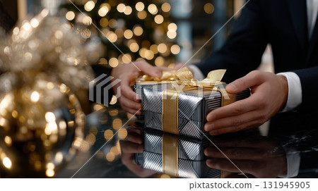 Man in suit giving gift box with gold ribbon, celebrating holiday presenting luxury present on reflective surface with festive bokeh lights in background, formal occasion 131945905