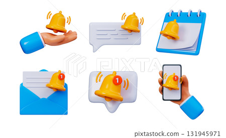 3D bell notification icons. Alerts, messages, calendar and app reminders 3D bell notification icons. Alerts, messages, calendar and app reminders 131945971