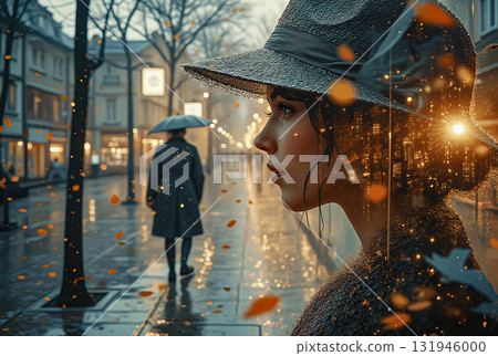 Rainy day dreamer a woman in a hat gazing at city life. A woman wearing a wide-brimmed hat gazes solemnly at a city street on a rainy day. 131946000