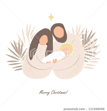 Christmas nativity scene of baby Jesus, Mary and Joseph. Hand drawn stylized bible illustration clipart isolated. Cartoon vector illustration in Scandinavian style. Christmas nativity scene of baby Jesus, Mary and Joseph. Hand drawn stylized bible illustration clipart isolated. Cartoon vector illustration in Scandinavian style. 131946099