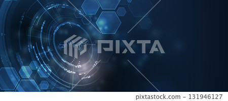 Technology science concept banner. Molecular technology structure with digital overlay 131946127
