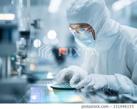 A technician inspecting semiconductor wafers A technician inspecting semiconductor wafers 131946155