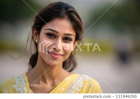 Indian woman smiling, wearing a traditional yellow sari 131946200