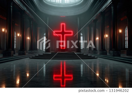 Gothic church interior with glowing neon cross reflecting Gothic church interior with glowing neon cross reflecting 131946202