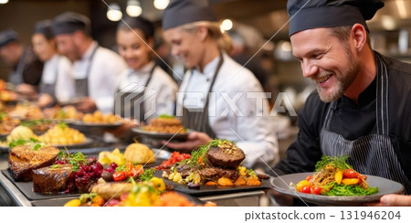 Professional chefs plating gourmet dishes in commercial kitchen 131946204