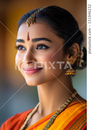 Indian woman smiling wearing traditional sari and jewelry 131946232