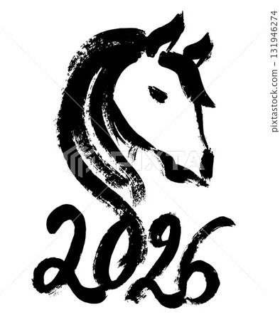 Print Abstract ILLUSTRATION of the year 2026 with a horse drawn in the style of Chinese calligraphy in vector 131946274