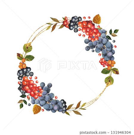 Hand drawn round frame with berries, chokeberry, red rowan and grapes. Watercolor illustration. 131946304