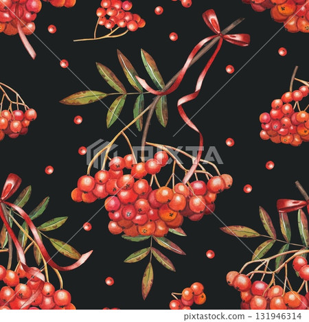 A hand-drawn seamless pattern with rowan berry branches on a dark background. Watercolor illustration. 131946314