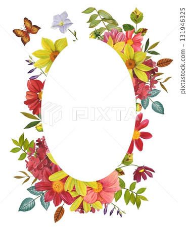 Floral oval autumn frame with dahlias and autumn leaves. Hand drawn watercolor illustration. 131946325