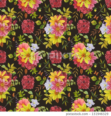 Seamless floral autumn pattern with vibrant dahlias, autumn leaves on dark background. Hand drawn watercolor illustration. Seamless floral autumn pattern with vibrant dahlias, autumn leaves on dark background. Hand drawn watercolor illustration. 131946329