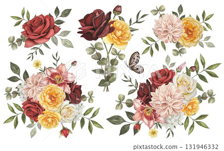 Collection with autumn bouquets. Roses, dahlia, lily, clementis, eucalyptus. Watercolor illustration 131946332