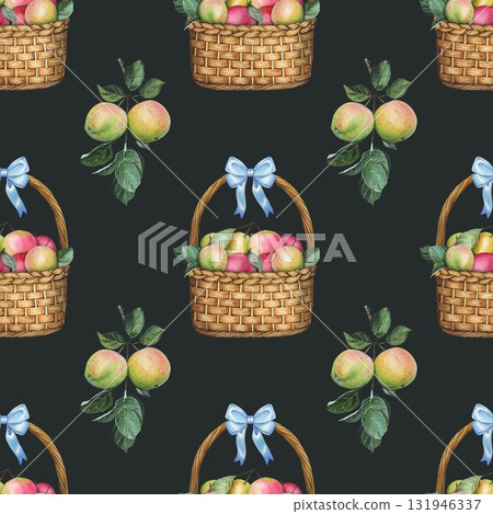 Hand drawn seamless pattern with ripe apples in baskets and apple tree branches on a dark background. Watercolor illustration. Hand drawn seamless pattern with ripe apples in baskets and apple tree branches on a dark background. Watercolor illustration. 131946337