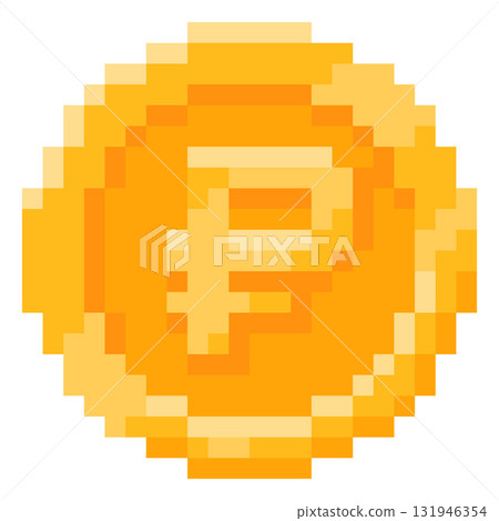 Pixelated gold coin with a Russian ruble sign, 8-bit game interface, front view. Pixelated gold coin with a Russian ruble sign, 8-bit game interface, front view. 131946354