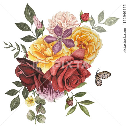 Bouquet with autumn flowers. Burgundy and yellow rose, clementis. Hand drawn watercolor illustration. 131946355