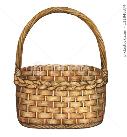 Hand drawn beige wicker basket with handle. Watercolor illustration. Hand drawn beige wicker basket with handle. Watercolor illustration. 131946374