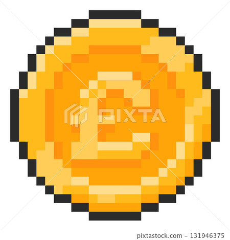Pixelated icon of a gold coin with a pound sign, black outline, 8-bit, front view. 131946375