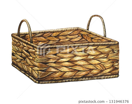 Hand drawn beige wicker basket. Watercolor illustration. Hand drawn beige wicker basket. Watercolor illustration. 131946376