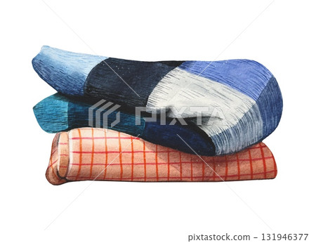 Hand drawn two blankets. Two blankets lie on top of each other. Watercolor illustration. Hand drawn two blankets. Two blankets lie on top of each other. Watercolor illustration. 131946377