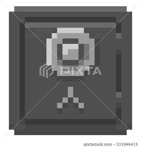 Gray, square pixelated safe with an electronic lock for storing money, jewelry, and securities. 131946413