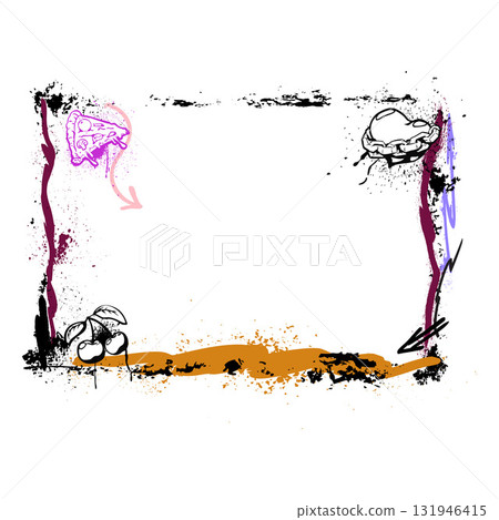 Spray painted border, vector graffiti frame with cherry, pizza, chained heart and arrows with aerosol paint texture 131946415