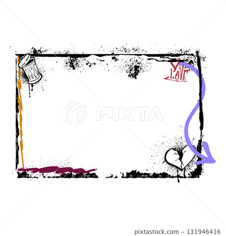 Spray painted horizontal vector border, graffiti broken heart, trash can and arrows with aerosol paint texture Love text 131946416