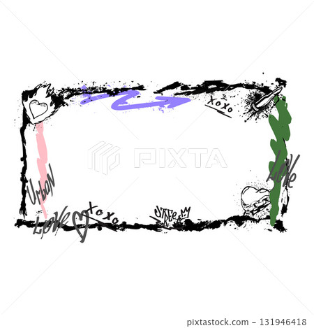 Spray painted vector border, graffiti chained heart, bullet and arrows with aerosol paint texture, Love, Xoxo Urban text 131946418