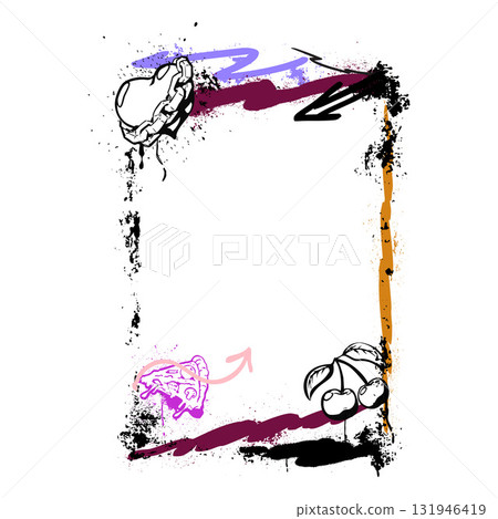 Spray painted vertical border, vector graffiti frame with cherry, pizza, chained heart and arrows aerosol paint texture Spray painted vertical border, vector graffiti frame with cherry, pizza, chained heart and arrows aerosol paint texture 131946419