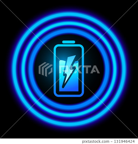 Wireless charging neon blue glowing vector icon on dark, battery energy, lightning bolt in accumulator sign with circles 131946424