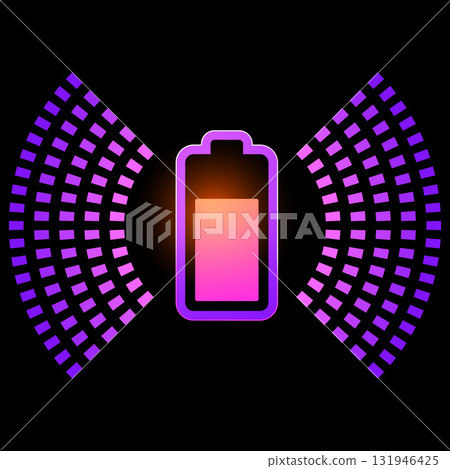 Wireless charging neon pink glowing vector icon on dark, charging battery energy, accumulator sign with round waves 131946425