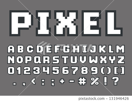 English alphabet black outline pixel art, 8 bit uppercase letters, numbers and punctuation marks, vector typography font 131946426