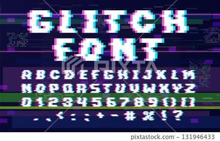 English alphabet pixel with glitch digital vhs noise effect, vector 8 bit uppercase letters numbers and punctuation mark 131946433