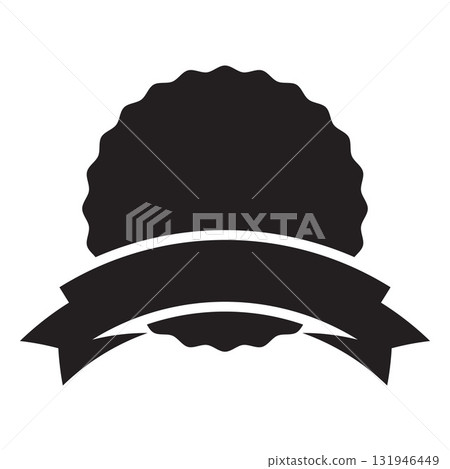 Premium quality round badge with ribbon tape, vector black medal stamp emblem, achievement mark, guarantee vintage label Premium quality round badge with ribbon tape, vector black medal stamp emblem, achievement mark, guarantee vintage label 131946449