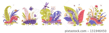 Cartoon caterpillars on floral background vector set, cute bug worm insect crawling doodle drawn with flowers and plants 131946450