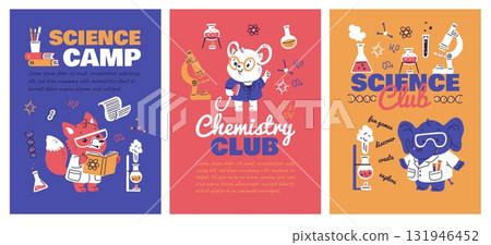 Cute animal scientists. Fox, mouse, elephant. Chemistry. 131946452