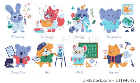 Cute animals geography, biology, math and art, history, computing language and chemistry scientist vector cartoon set 131946453