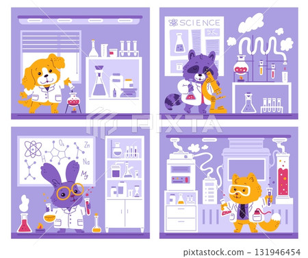 Vector illustration of a set with the image of cute animals-scientists in the laboratory. 131946454