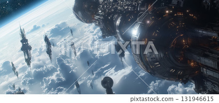 Visual concept of humanity advancing into space in the near future and a new frontier era 131946615