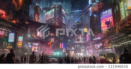 摩天大樓環繞的科技城未來夜景 131946638