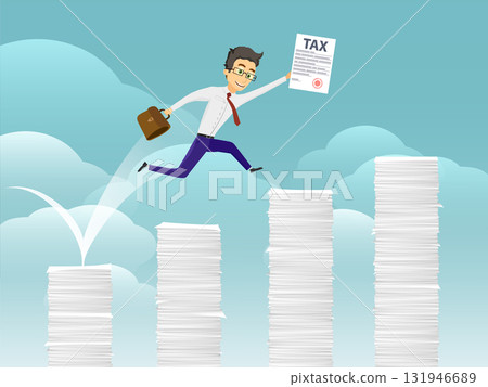 Businessman jumping with a paper tax return Businessman jumping with a paper tax return 131946689