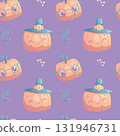 Seamless Halloween pattern. Cute orange pumpkin wearing a witch hat and glasses on a purple background. Cartoon children's vector illustration for postcards, posters, banners, websites, printing. 131946731